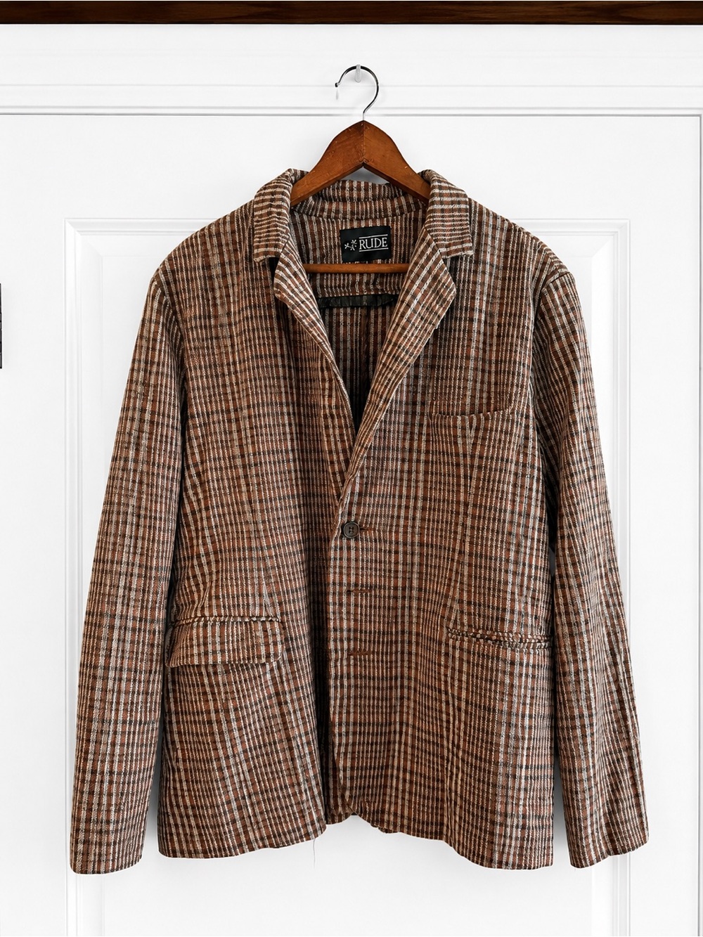 RUDE Brown Plaid Textured Blazer Jacket Size Large Lightweight Casual Sport Coat
